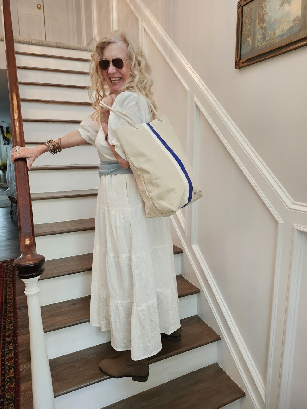 Rothy's Ex Cond Cream Canvas, Logo, Blue & White Stripe Accent Med Tote, $20 - Picture 6 of 8